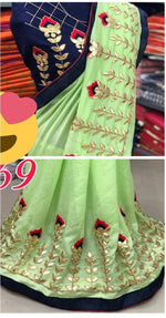 Womens Green Color Vichitra Silk Saree With Embroidery & Gota Work
