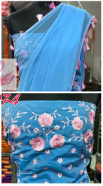 Womens SkyBlue Color Pure Georgette Saree With Plain With Piping Work