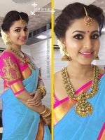 Womens Sky Blue Color Chanderi Cotton Saree With Blouse