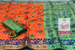 Womens Orange Color Soft Banarasi Silk Saree With Heavy Mina & Zari Weaving Work