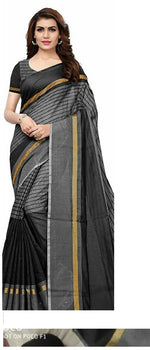 Chanderi Cotton Black Color Plain Saree in crepe pattern With Blouse