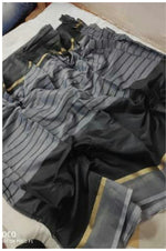 Chanderi Cotton Black Color Plain Saree in crepe pattern With Blouse