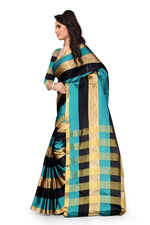 Womens Rama Color Cotton Silk Saree With Plain  Work