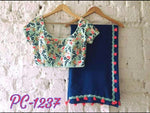 Womens Blue Color Ciffon Saree Marble With Embroidery Work