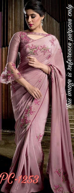 Womens Peach Color Vichitra Silk Saree With Embroidery Resam  Work