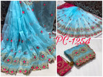 Womens SkyBlue Color Organza Saree With Embroidery Work