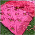 Womens Pink Color Pure Soft Linnen Saree With Embroidery Work