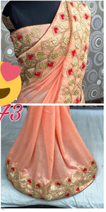 Womens Peach Color Vichitra Silk Saree With Gota Work