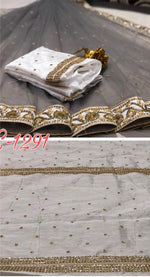 Womens Grey Color Mono Soft Net Silk Saree With Embroidery & Zari Work