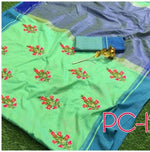 Womens Green Color Pure Soft Linnen Saree With Embroidery Work