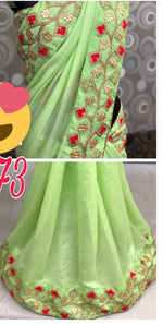 Womens Parrot Color Vichitra Silk Saree With Gota Work