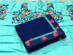 Womens Blue Color Ciffon Saree Marble With Embroidery Work