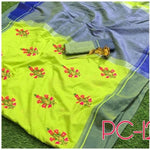 Womens Parrot Color Pure Soft Linnen Saree With Embroidery Work