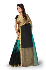Womens Rama Color Cotton Silk Saree With Plain  Work