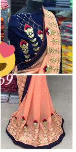 Womens Peach Color Vichitra Silk Saree With Embroidery & Gota Work