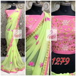 Womens Green Color Heavy Georgette Saree With Embroidery & Butta Work