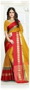 Cotton Silk Yellow Color Plain Saree in crepe pattern With Blouse