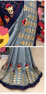 Womens Grey Color Vichitra Silk Saree With Embroidery & Gota Work