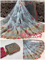 Womens Grey Color Organza Saree With Embroidery Work