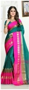 Cotton Silk Rama Color Plain Saree in crepe pattern With Blouse