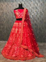 Womens Red Color Jalbari Silk With Taffeta Silk Lehanga Choli