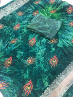 Womens Green Prism Silk Good Combination Weaving & Printed Saree With Blouse