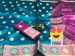 Womens Rama Color Crystel Silk Saree With Chit Pallu Work
