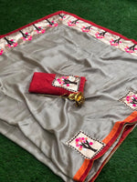 Womens Grey Color Vichitra Silk Saree With Embroidery Work