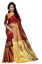 Womens Red Color Satin Poly Silk Saree With Embroidery Work