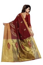 Womens Red Color Satin Poly Silk Saree With Embroidery Work
