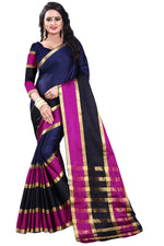 Womens Blue Pink Color Cotton Silk Saree With Plain With Jari Border Work