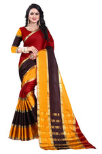 Womens Maroon Yellow Color Cotton Silk Saree With Plain With Jari Border Work