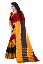 Womens Maroon Yellow Color Cotton Silk Saree With Plain With Jari Border Work