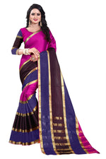 Womens Pink Blue Color Cotton Silk Saree With Plain With Jari Border Work