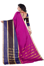 Womens Pink Blue Color Cotton Silk Saree With Plain With Jari Border Work