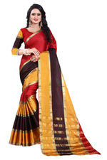 Womens Red Yellow Color Cotton Silk Saree With Plain With Jari Border Work