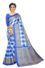 Khadi Kalamkari Silk Blue Saree in Checks pattern With Blouse
