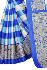 Khadi Kalamkari Silk Blue Saree in Checks pattern With Blouse