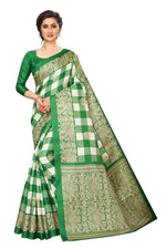 Khadi Kalamkari Silk Green Saree in Checks pattern With Blouse