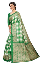 Khadi Kalamkari Silk Green Saree in Checks pattern With Blouse