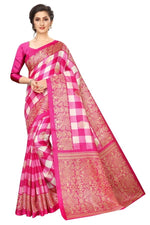Khadi Kalamkari Silk Pink Saree in Checks pattern With Blouse