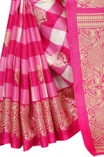 Khadi Kalamkari Silk Pink Saree in Checks pattern With Blouse