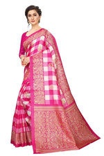 Khadi Kalamkari Silk Pink Saree in Checks pattern With Blouse
