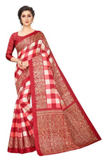 Khadi Kalamkari Silk Red Saree in Checks pattern With Blouse