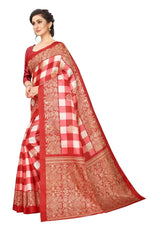 Khadi Kalamkari Silk Red Saree in Checks pattern With Blouse