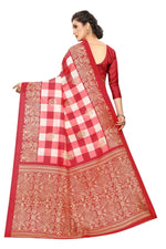 Khadi Kalamkari Silk Red Saree in Checks pattern With Blouse