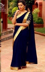 Womens Navy Color Pure Silk Saree With Blouse