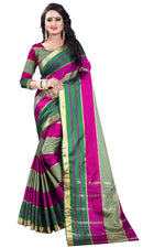 Womens Pink Green Color Cotton Silk Saree With Plain With Jari Border Work