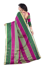 Womens Pink Green Color Cotton Silk Saree With Plain With Jari Border Work