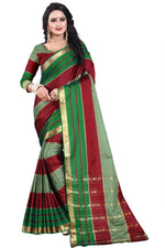 Womens Red Green Color Cotton Silk Saree With Plain With Jari Border Work